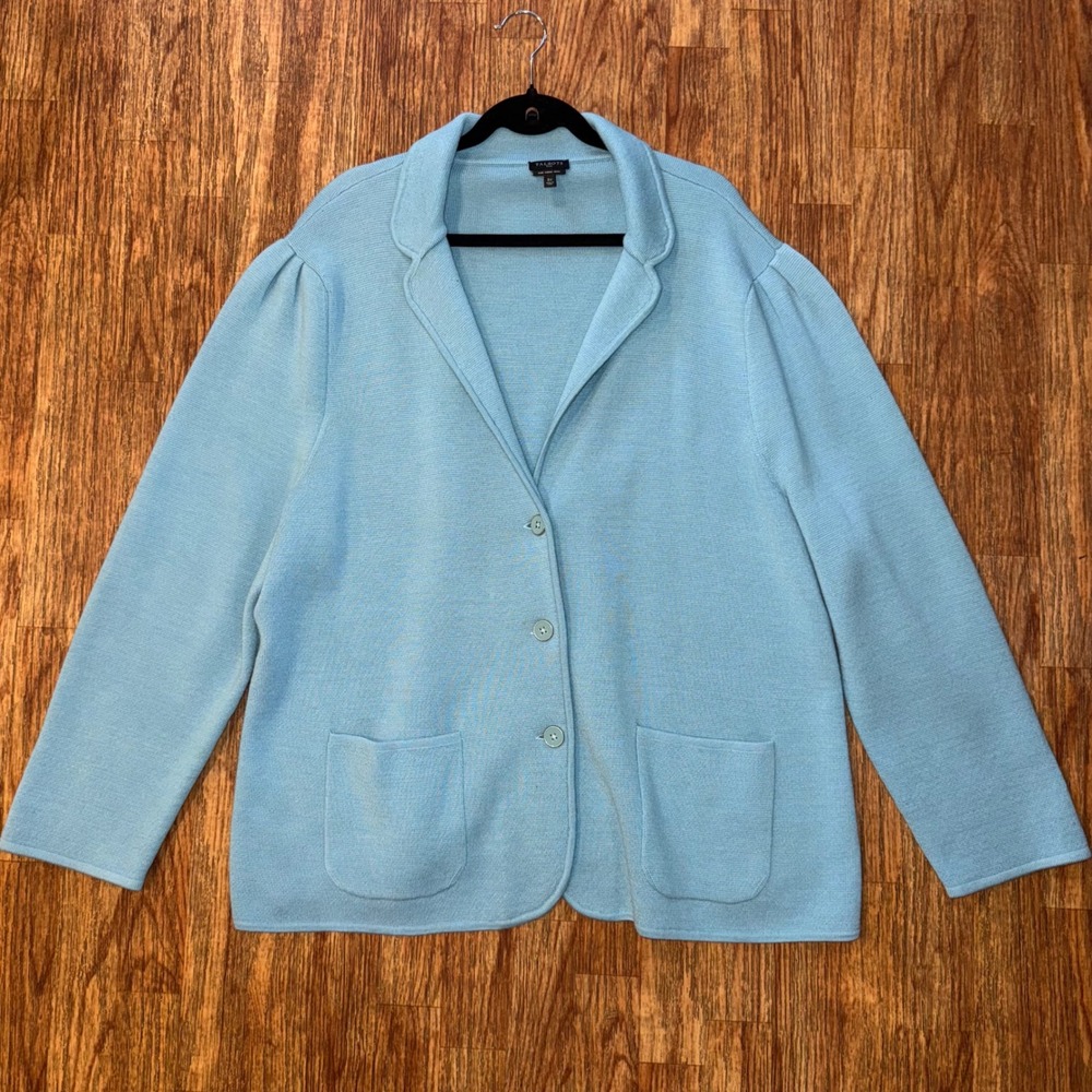 Talbots Plus Merino Wool Knit Blazer Cardigan Blue 3X Button Front Jacket
